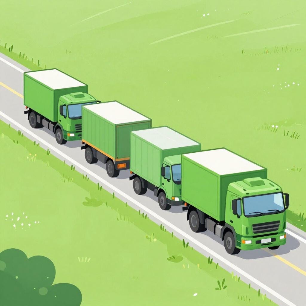 A line of several olive green trucks driving in a row along a winding road.