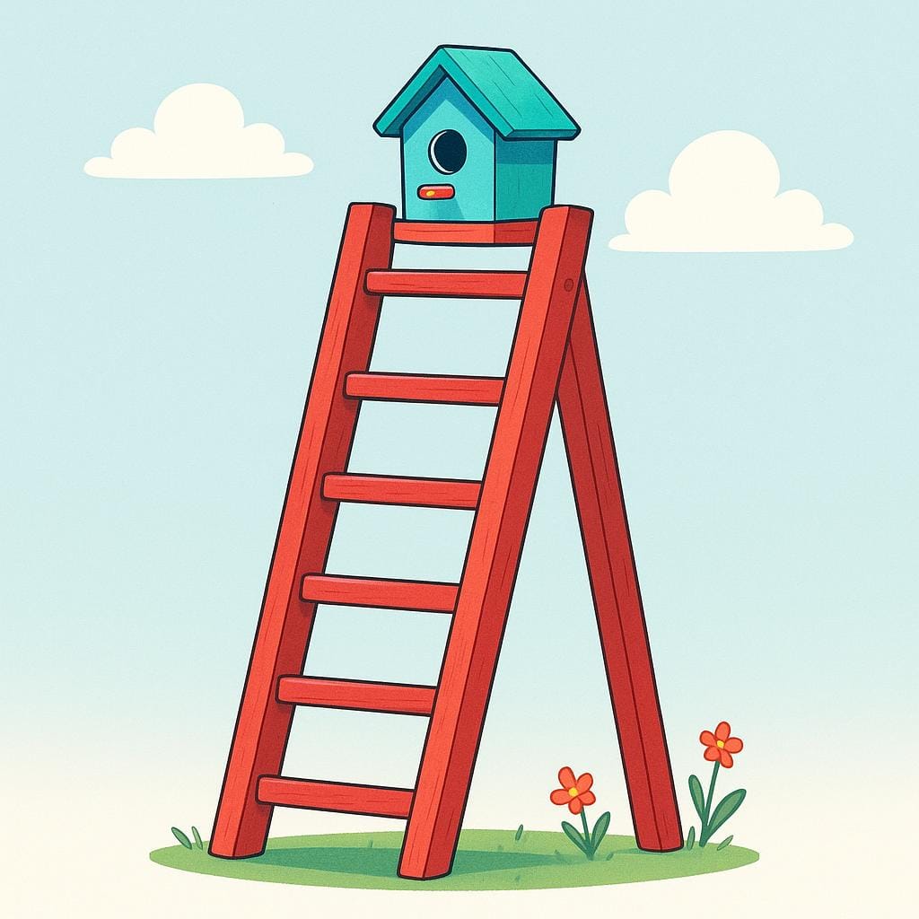 A sturdy, bright red wooden ladder stands upright, successfully supporting a small, colorful birdhouse placed high up.