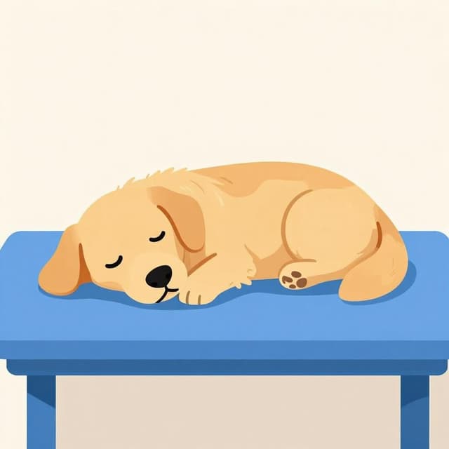 A peaceful golden retriever lying asleep on a soft blue veterinarian table, appearing calm and deeply relaxed.