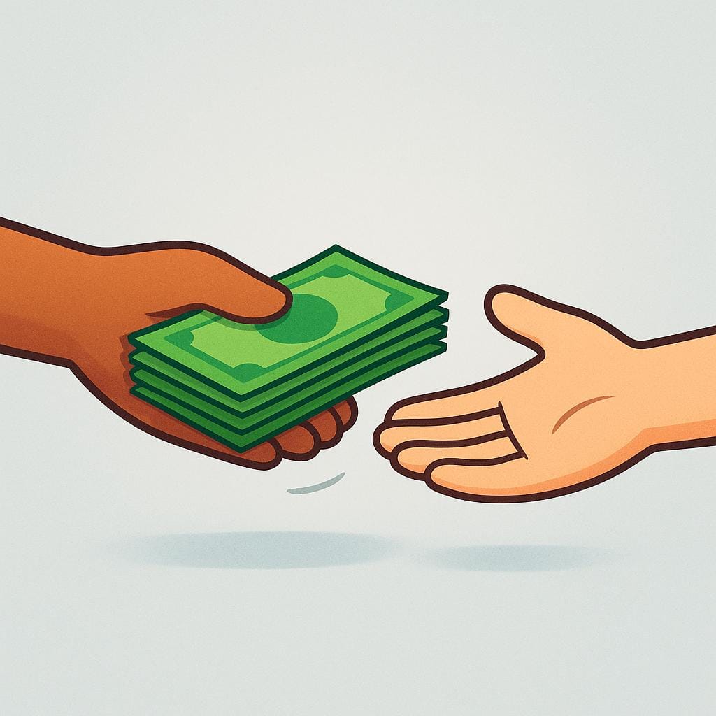 Two stylized hands meeting, one hand pushing a neat stack of green bills towards the other, symbolizing a financial transaction.