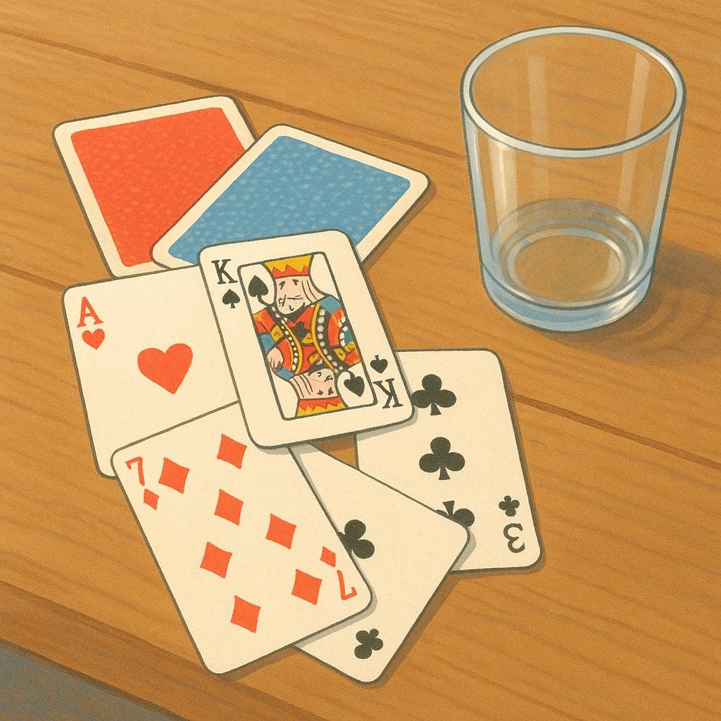 A deck of playing cards lightly scattered across a wooden table next to an empty glass, illustrating that the activity of playing is finished.