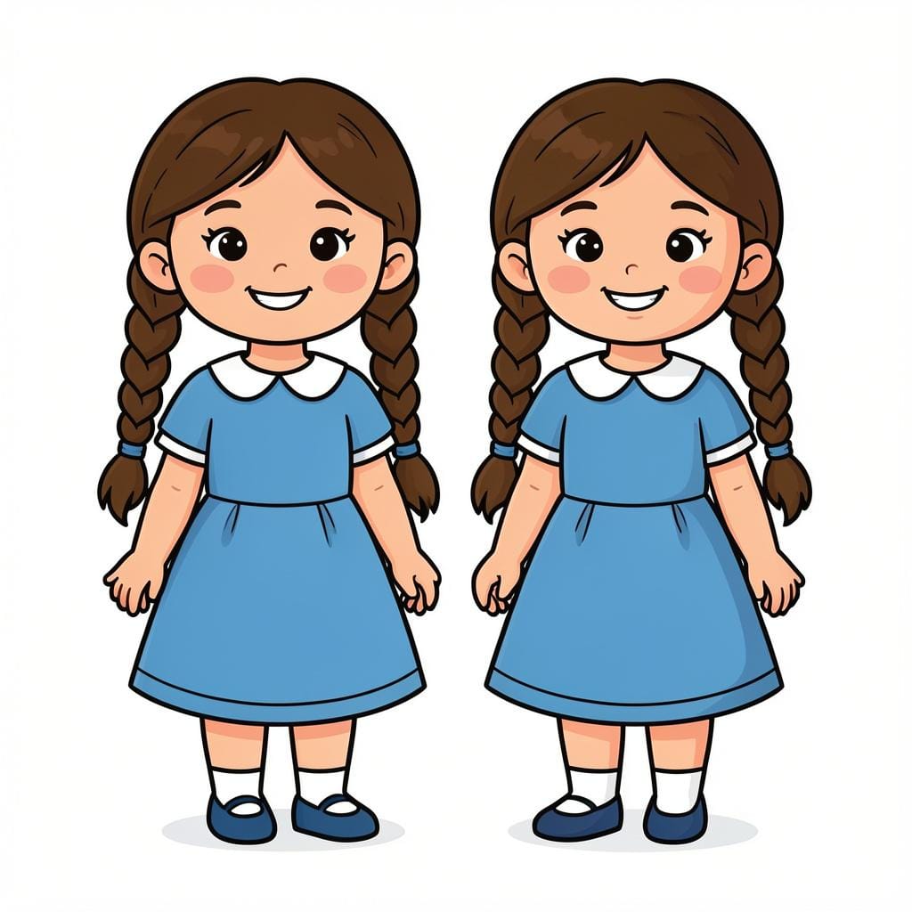 Twee identieke jonge meisjes met hetzelfde haar en bijpassende jurken die naast elkaar staan.