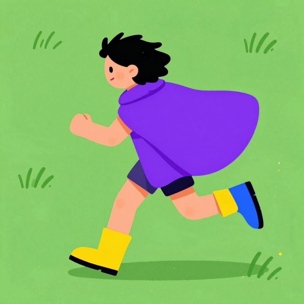 Een persoon die verschillende schoenen draagt en een kleurrijke cape, lachend terwijl hij een vlinder achterna zit in een veld.