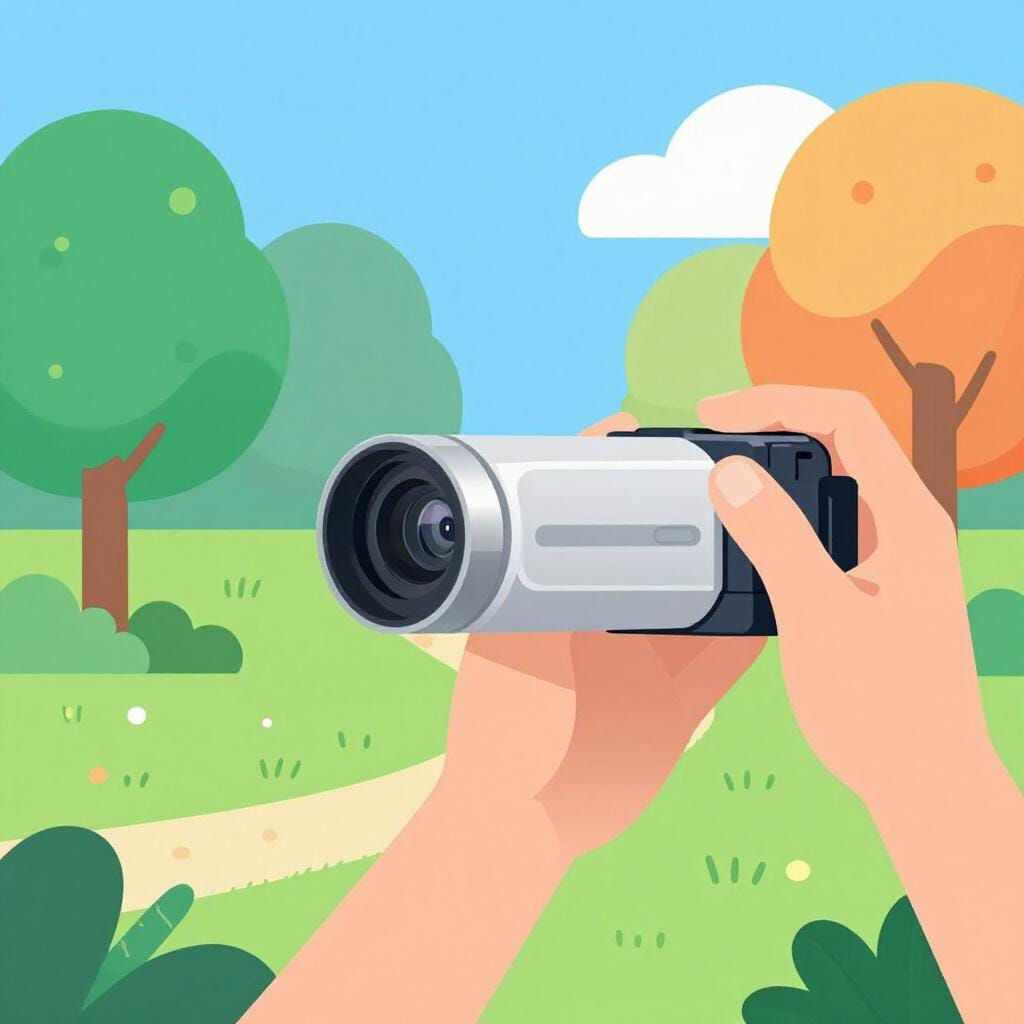 Eine Person hält eine professionelle Videokamera und nimmt aktiv eine Szene auf.