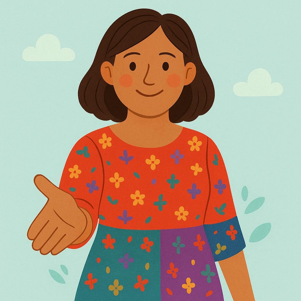 A brightly dressed woman smiles warmly while extending her hand forward in a welcoming gesture, indicating a pleasant greeting.