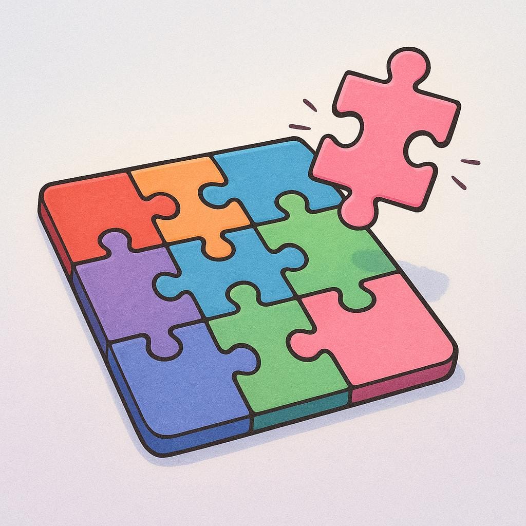 Een kleurrijke sprookjesachtige illustratie die het laatste stukje van een puzzel laat zien dat perfect op zijn plaats klikt, wat het succesvolle antwoord op een probleem symboliseert.