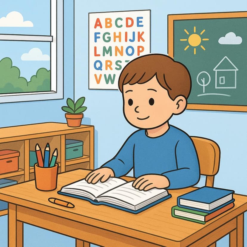 Eine hochwertige Illustration, die einen jungen Studenten zeigt, der aufmerksam an einem Schreibtisch in einem hellen Klassenzimmer sitzt und sich auf einen Lehrer (außerhalb des Bildes) konzentriert.