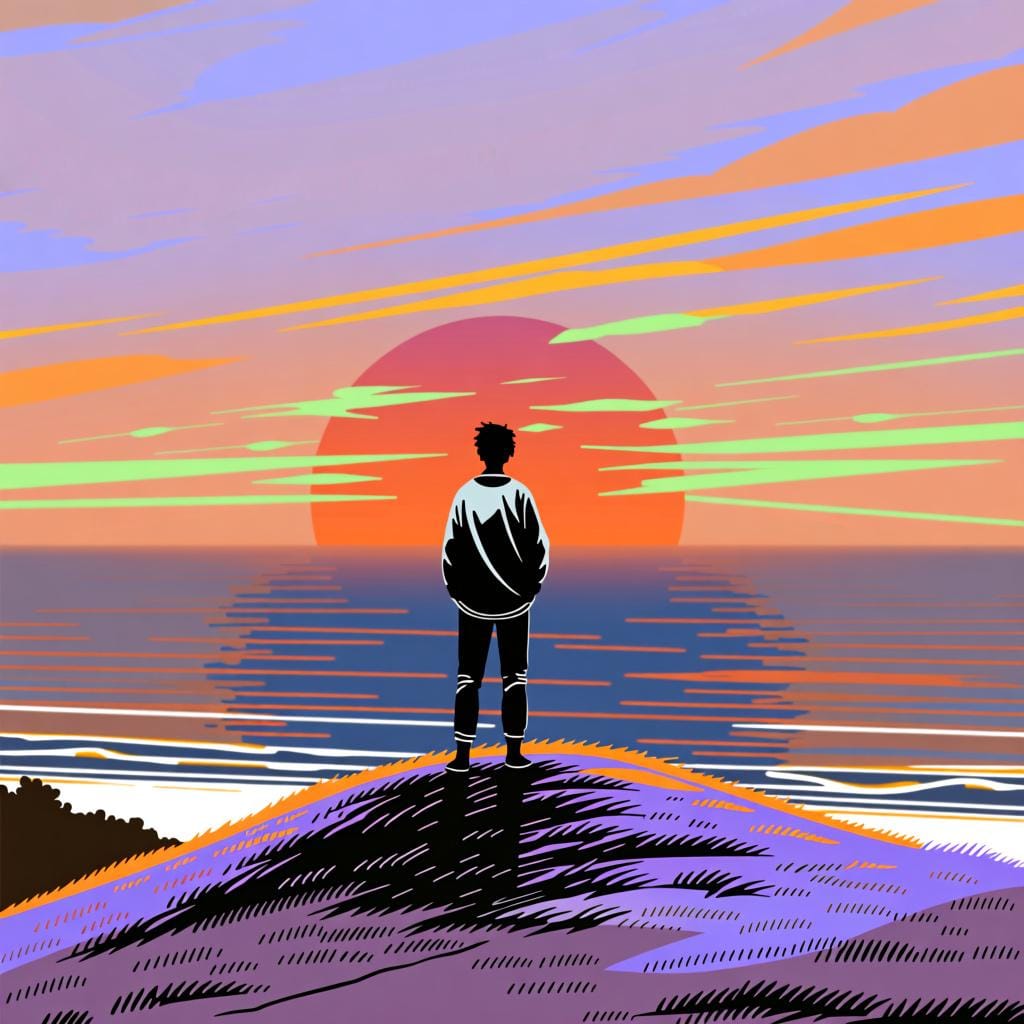 A person pausing to look at a beautiful sunset, capturing a single, peaceful moment in time.