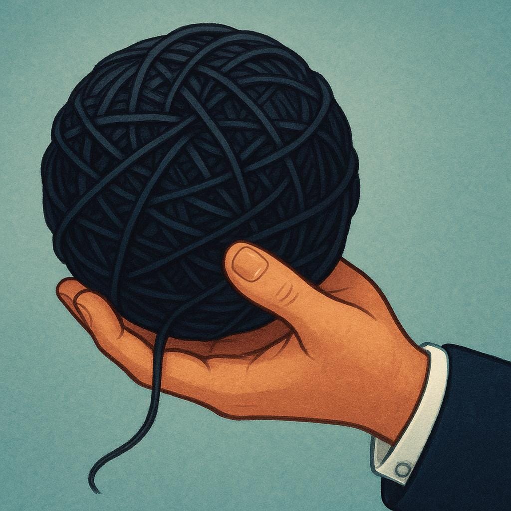 A storybook illustration showing a hand delicately holding a large, highly tangled ball of dark string, symbolizing deceit and manipulation.