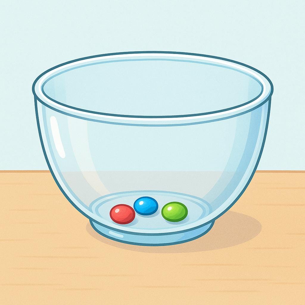 Una grande ciotola di vetro trasparente per lo più vuota, contenente solo tre piccole caramelle colorate distinte appoggiate sul fondo.