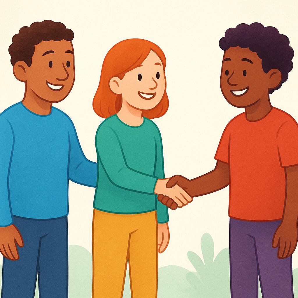 A smiling person in a blue shirt is introducing two other people who are shaking hands.