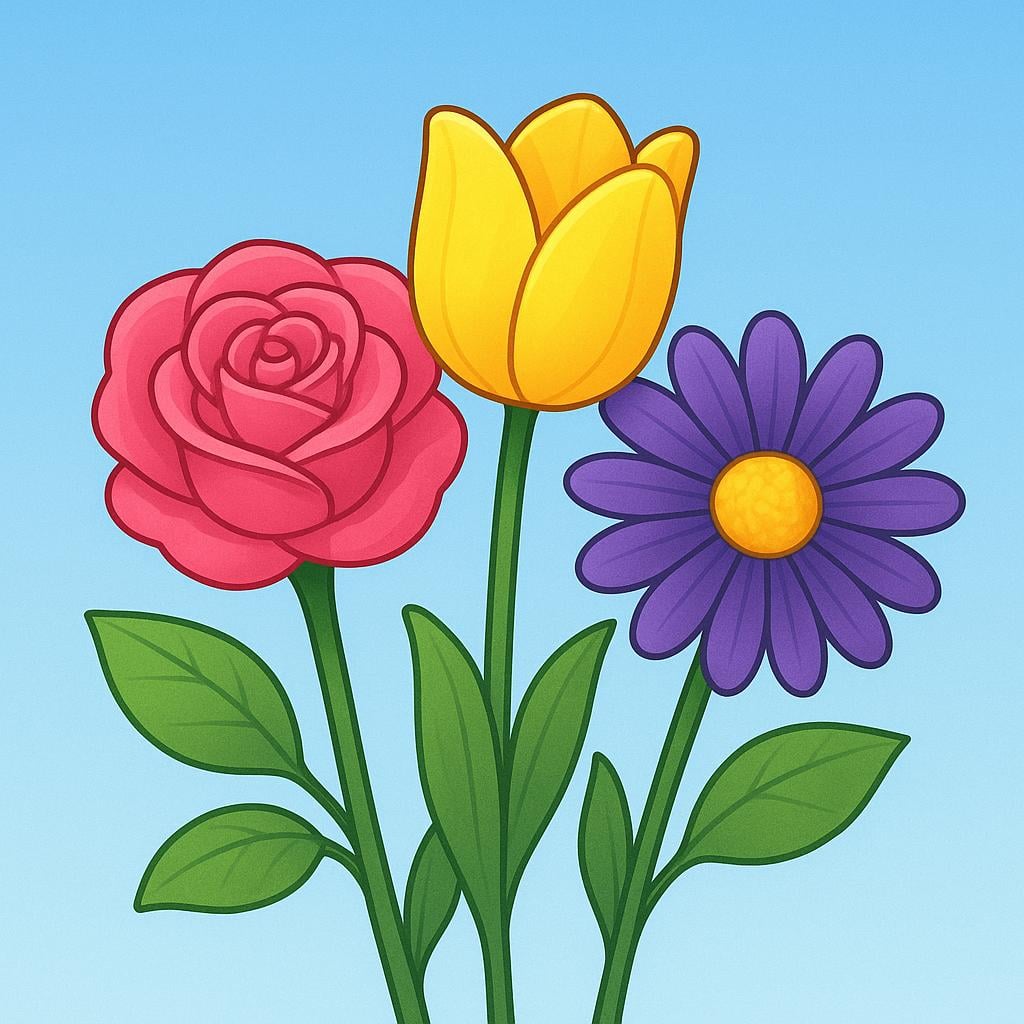 A high quality storybook illustration depicting three perfectly bloomed, vibrantly colored flowers, including a pink rose and a yellow tulip, set against a simple, bright blue background.