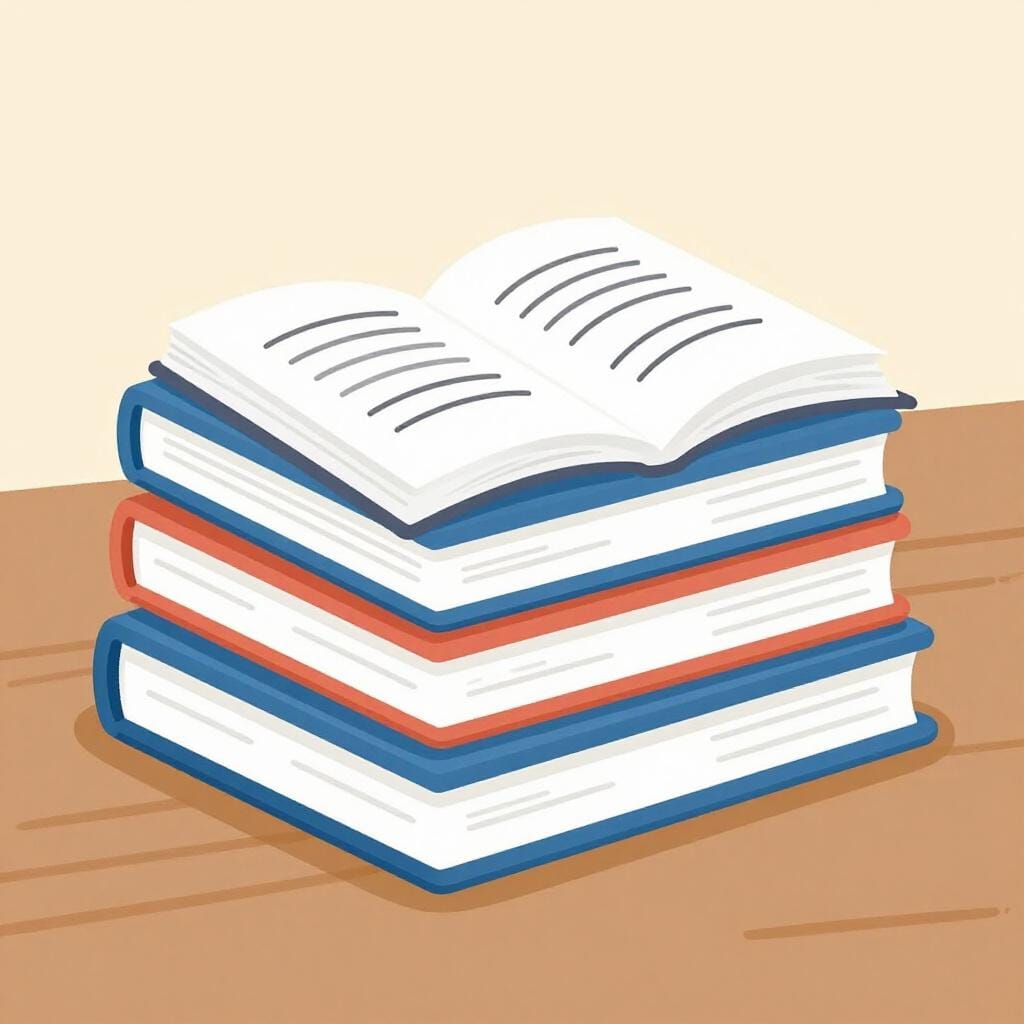 A stack of freshly printed books on a wooden table.