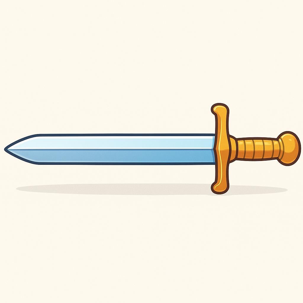 A high quality illustration of a single, straight silver sword with a golden hilt resting on a neutral background.
