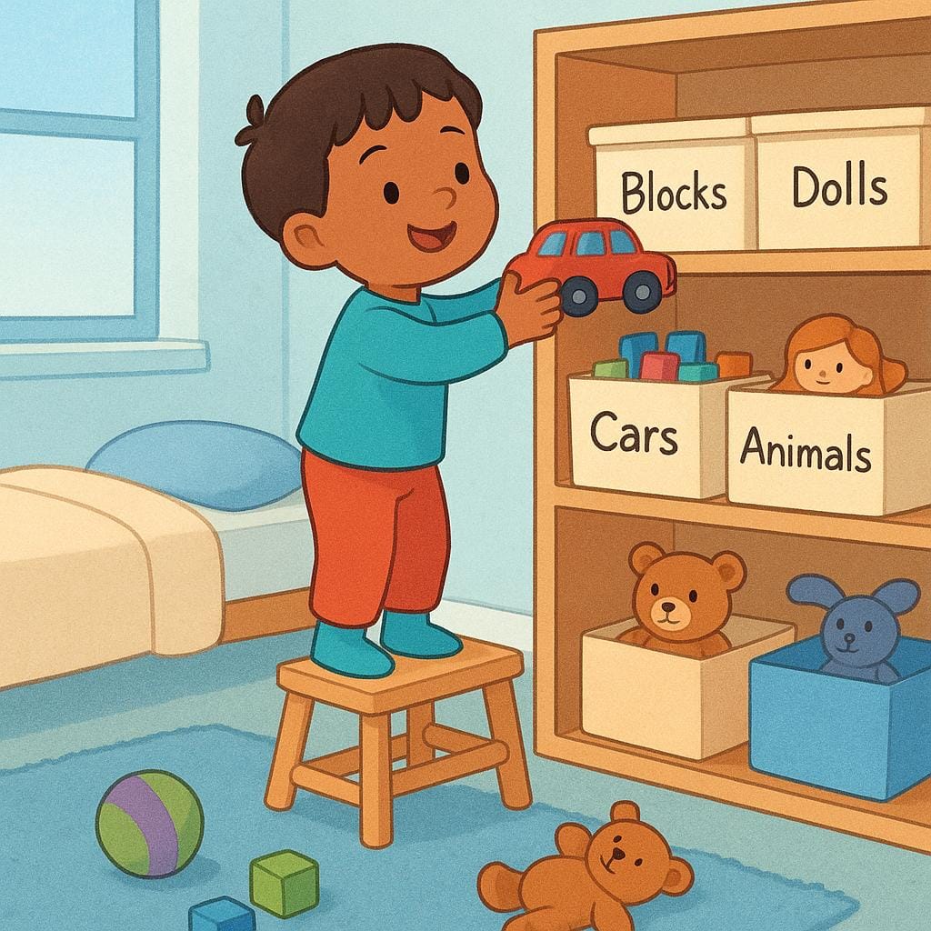 Un'illustrazione colorata di un bambino che sorride mentre sistema ordinatamente blocchi da costruzione in una scatola portaoggetti pulita su uno scaffale ordinato in una stanza ben illuminata.