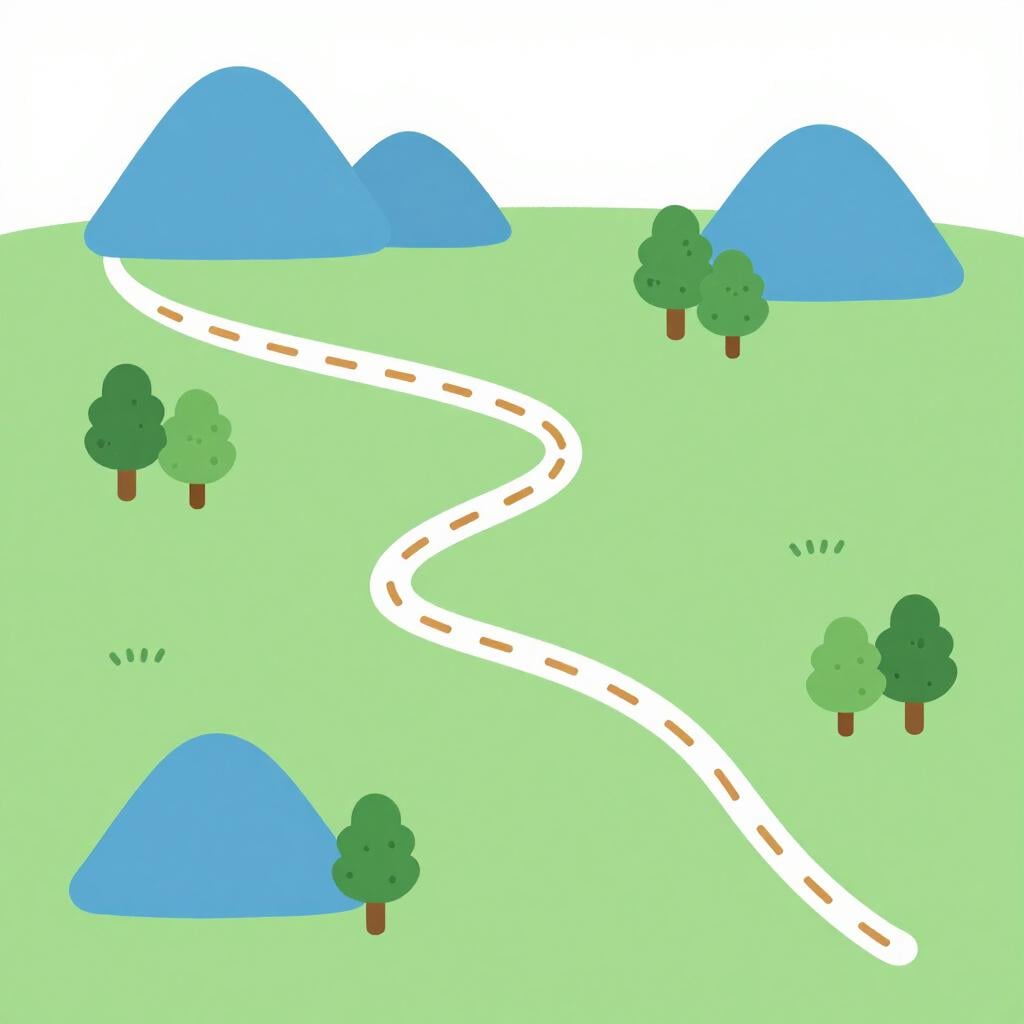 A colorful map with a dashed line showing a path through trees and mountains.