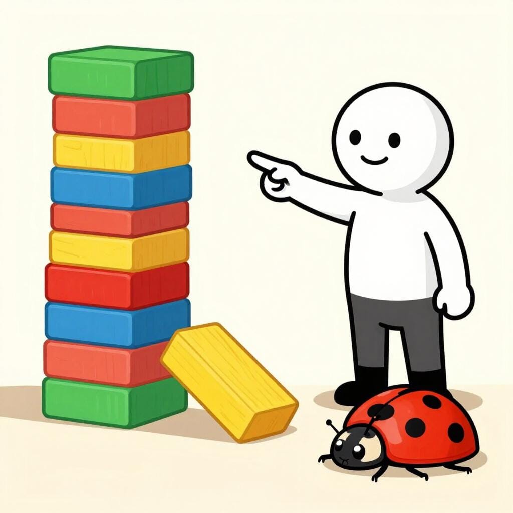 A storybook illustration of a figure standing next to a half-finished simple task, like a stack of blocks, pointing dramatically at a tiny, harmless object, like a butterfly or a sleeping cat, implying it was the reason for failure.