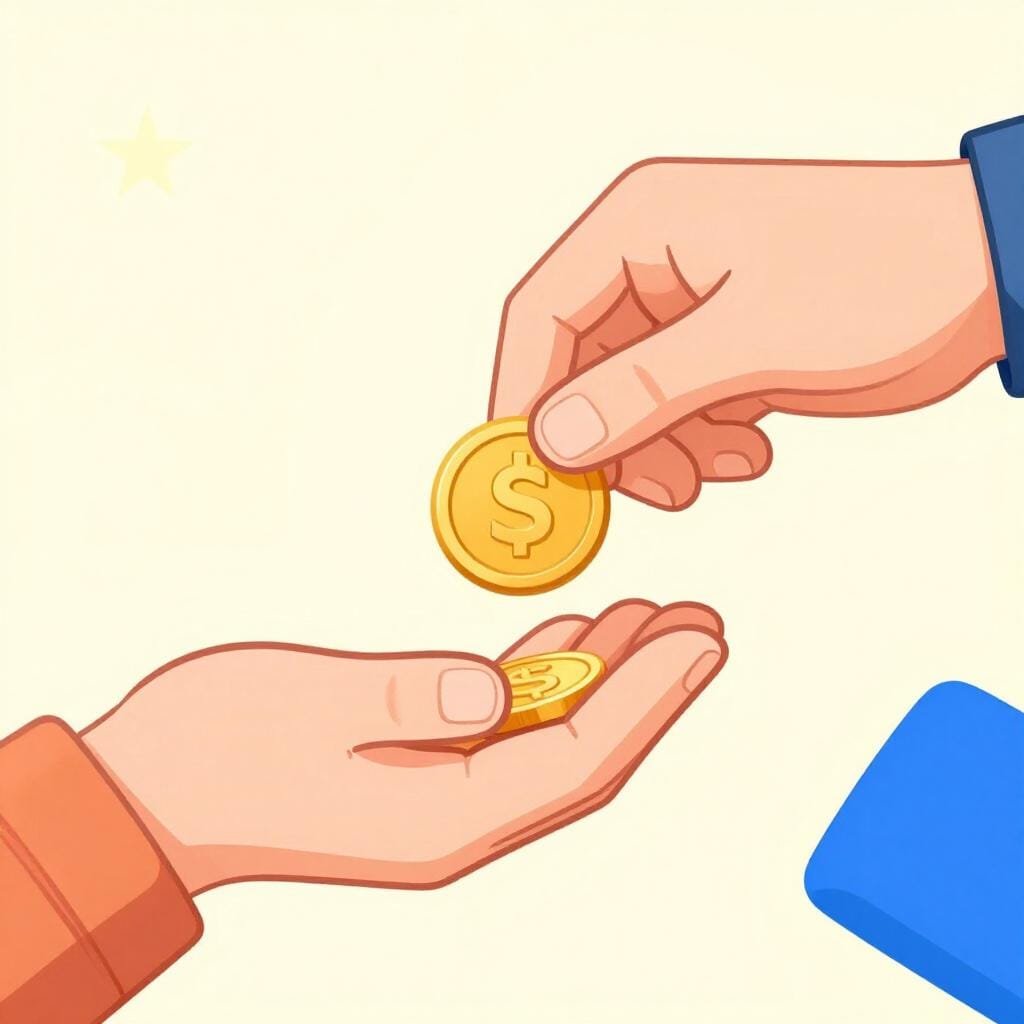 One hand dropping a gold coin into another person's open palm.