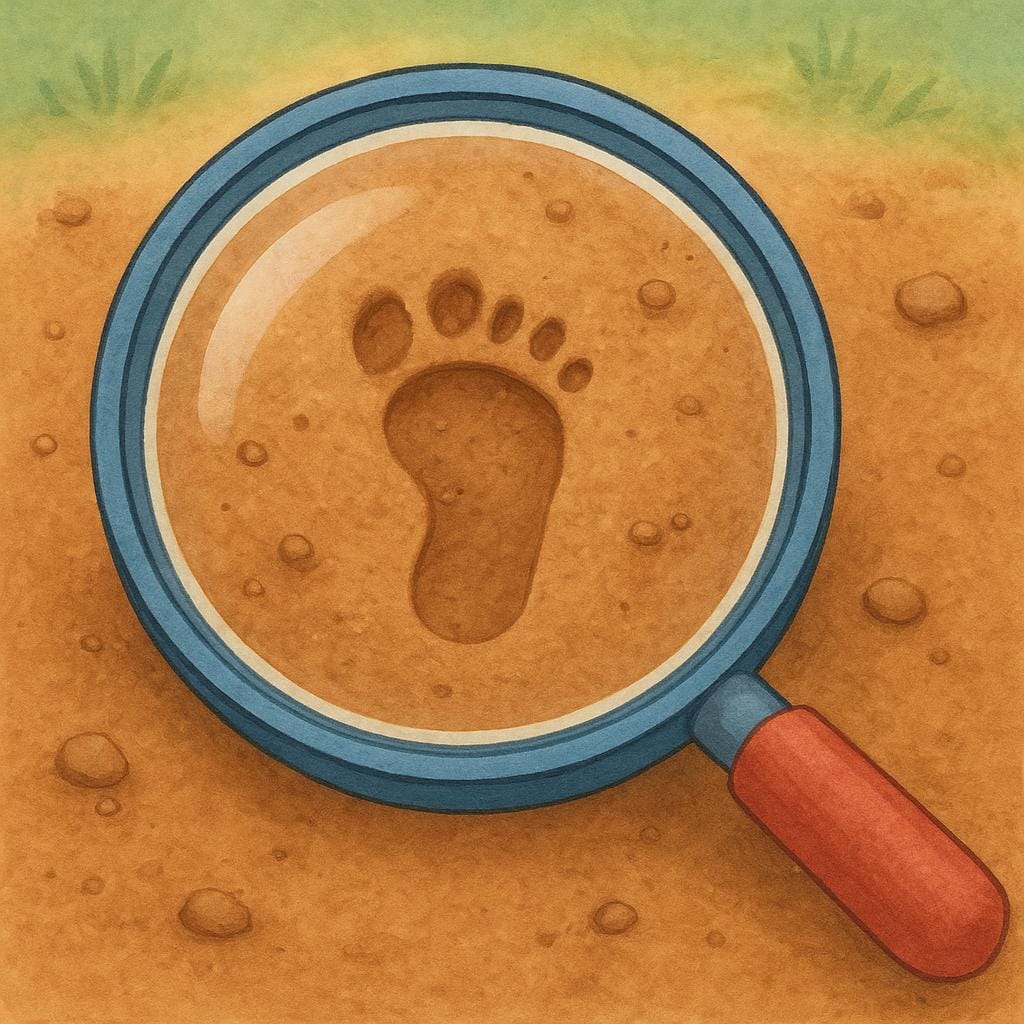 A large magnifying glass is held over a tiny, distinct footprint pressed into brown earth, indicating a clue.