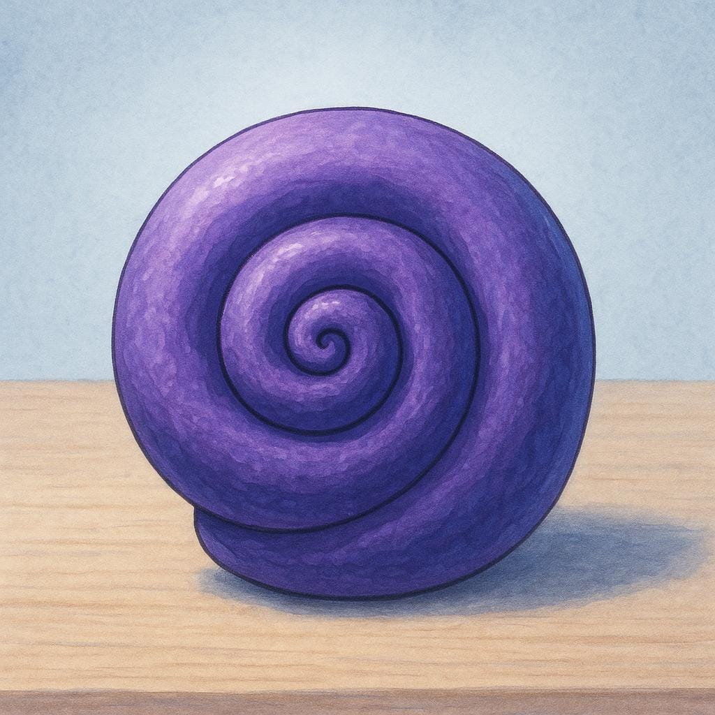 A single, highly unusual, brightly colored object resembling a gemstone shaped like a perfect spiral shell sits isolated on a simple wooden surface, representing a novelty.