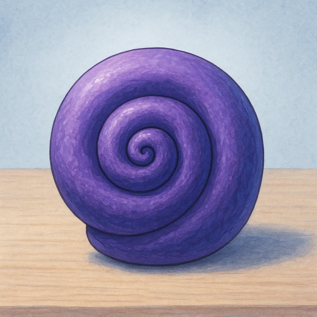 A single, highly unusual, brightly colored object resembling a gemstone shaped like a perfect spiral shell sits isolated on a simple wooden surface, representing a novelty.