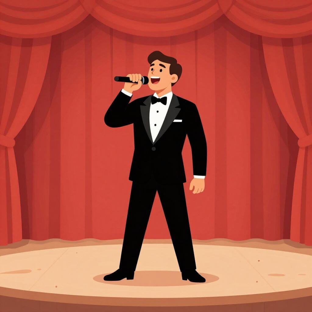 Um homem num palco vestindo um smoking, cantando com a boca aberta e os braços abertos.
