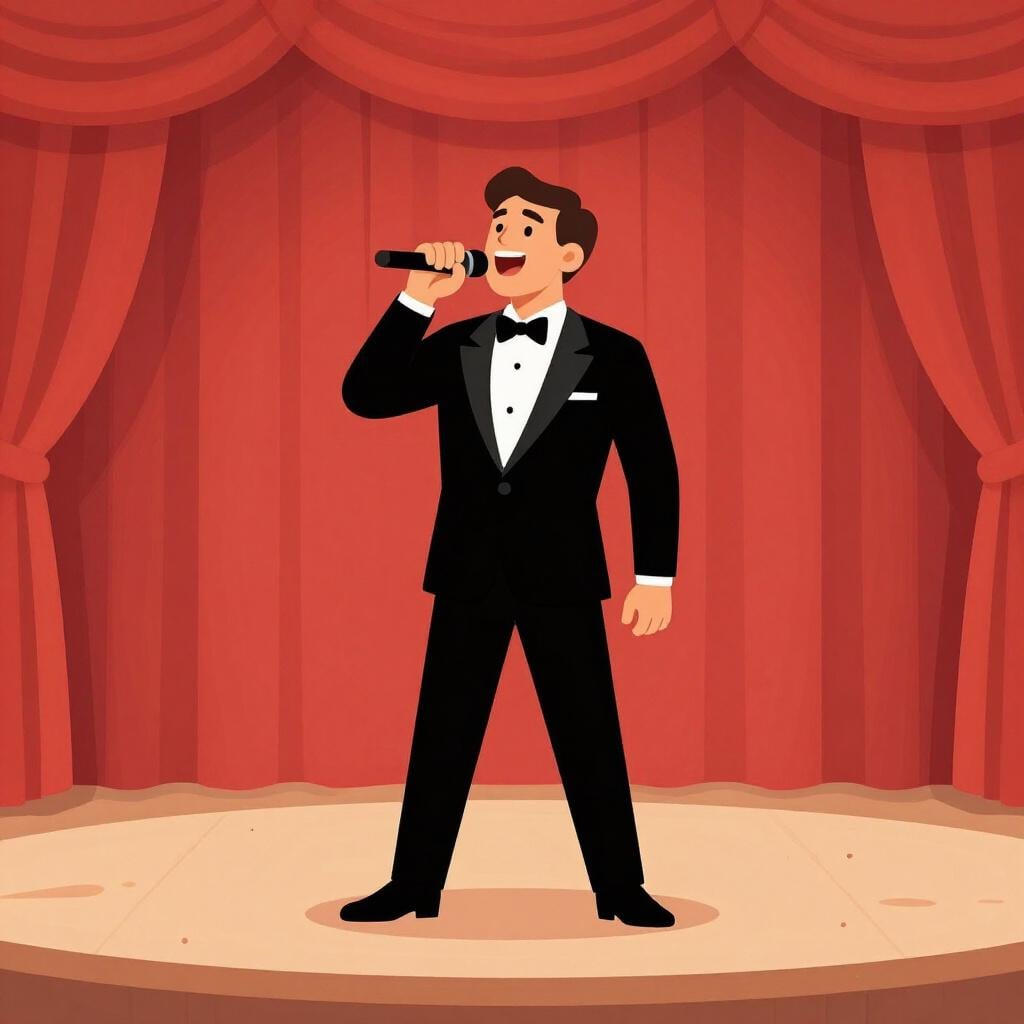 Um homem num palco vestindo um smoking, cantando com a boca aberta e os braços abertos.