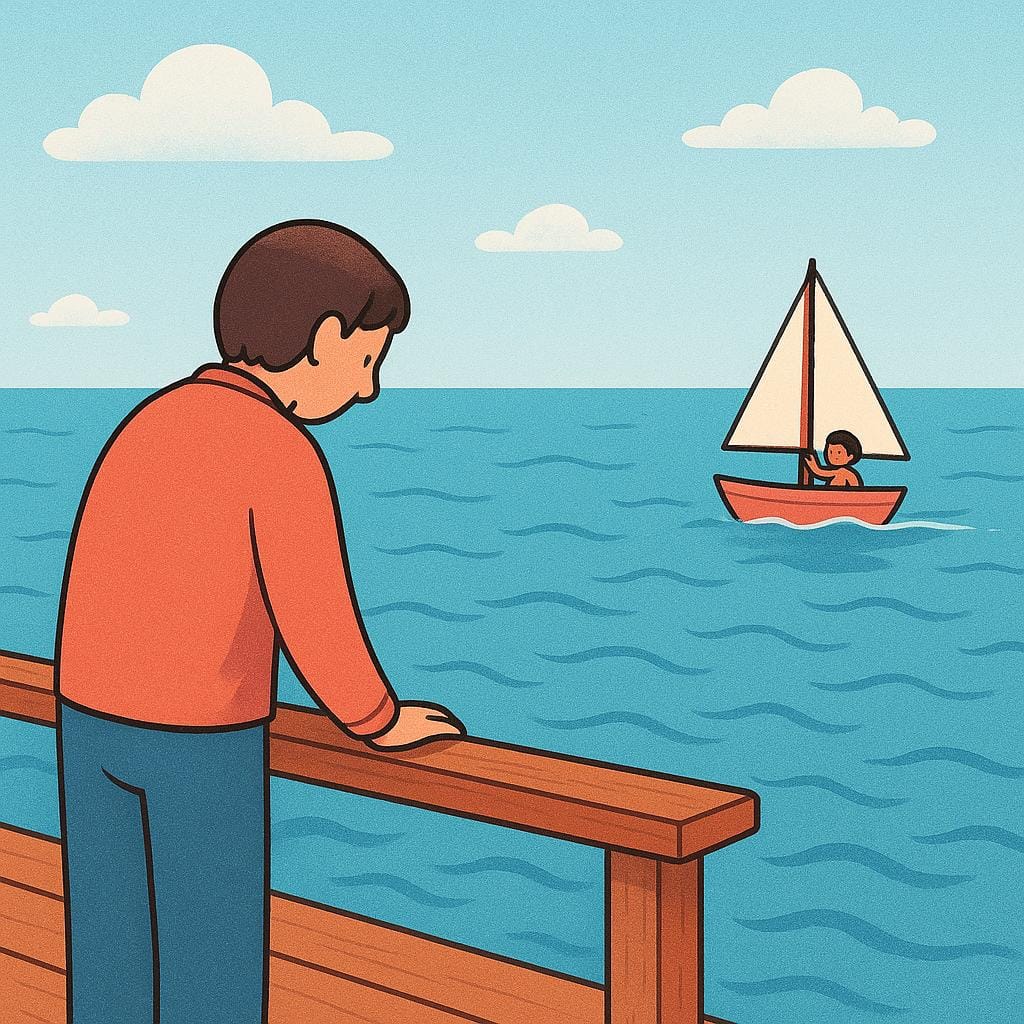 Una figura adulta guarda tristemente da un molo mentre una piccola barca a vela con un bambino si allontana a fatica verso la distanza sull'acqua.