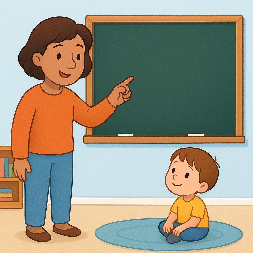 Um adulto amigável ao lado de uma criança pequena, apontando para um grande quadro-negro em branco como se estivesse dando uma lição.