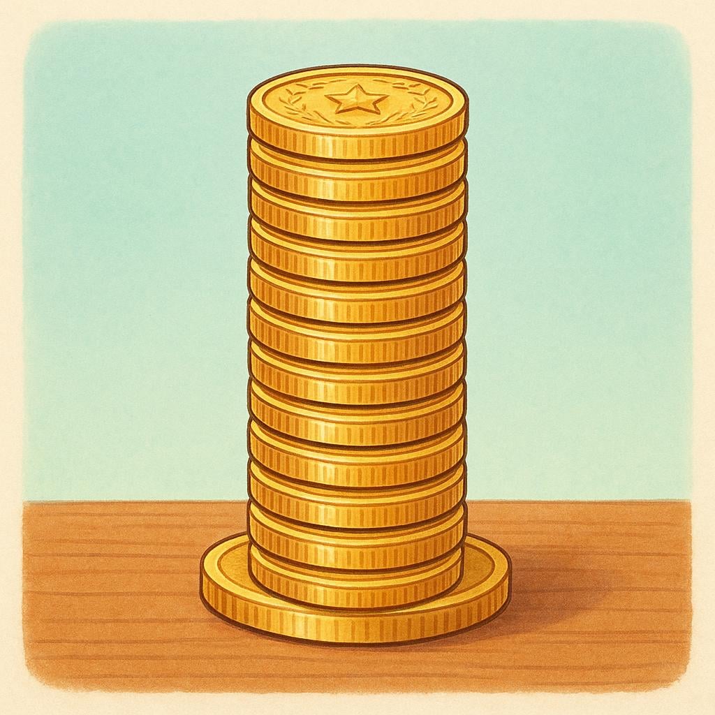 A very tall, stable stack of shiny golden coins resting on a simple wooden table, representing the original investment.