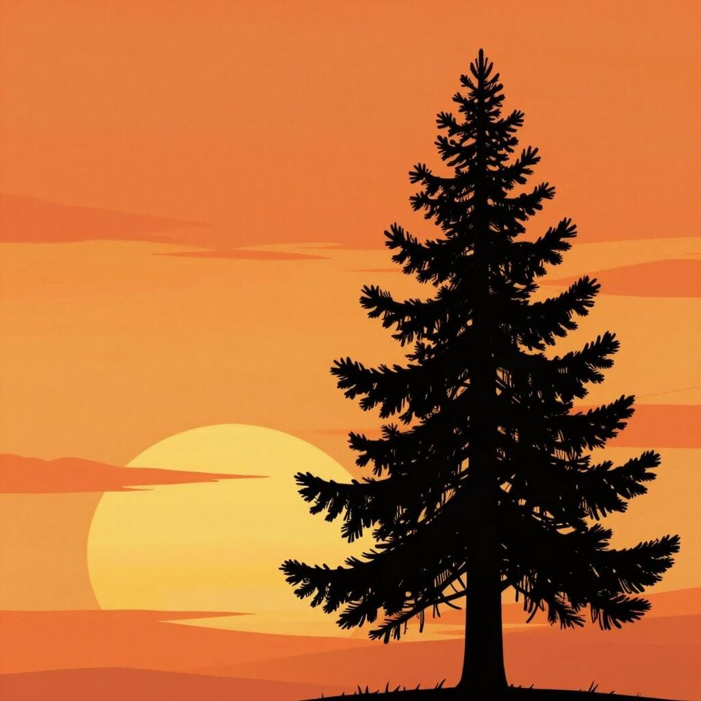 Een donkere, zwarte omtrek van een hoge dennenboom tegen een heldere oranje en gele zonsondergang.