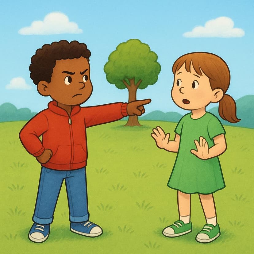 遠くの一点を指差し、もう一人の子供に競争や証明を促す挑戦をしている漫画の子供。