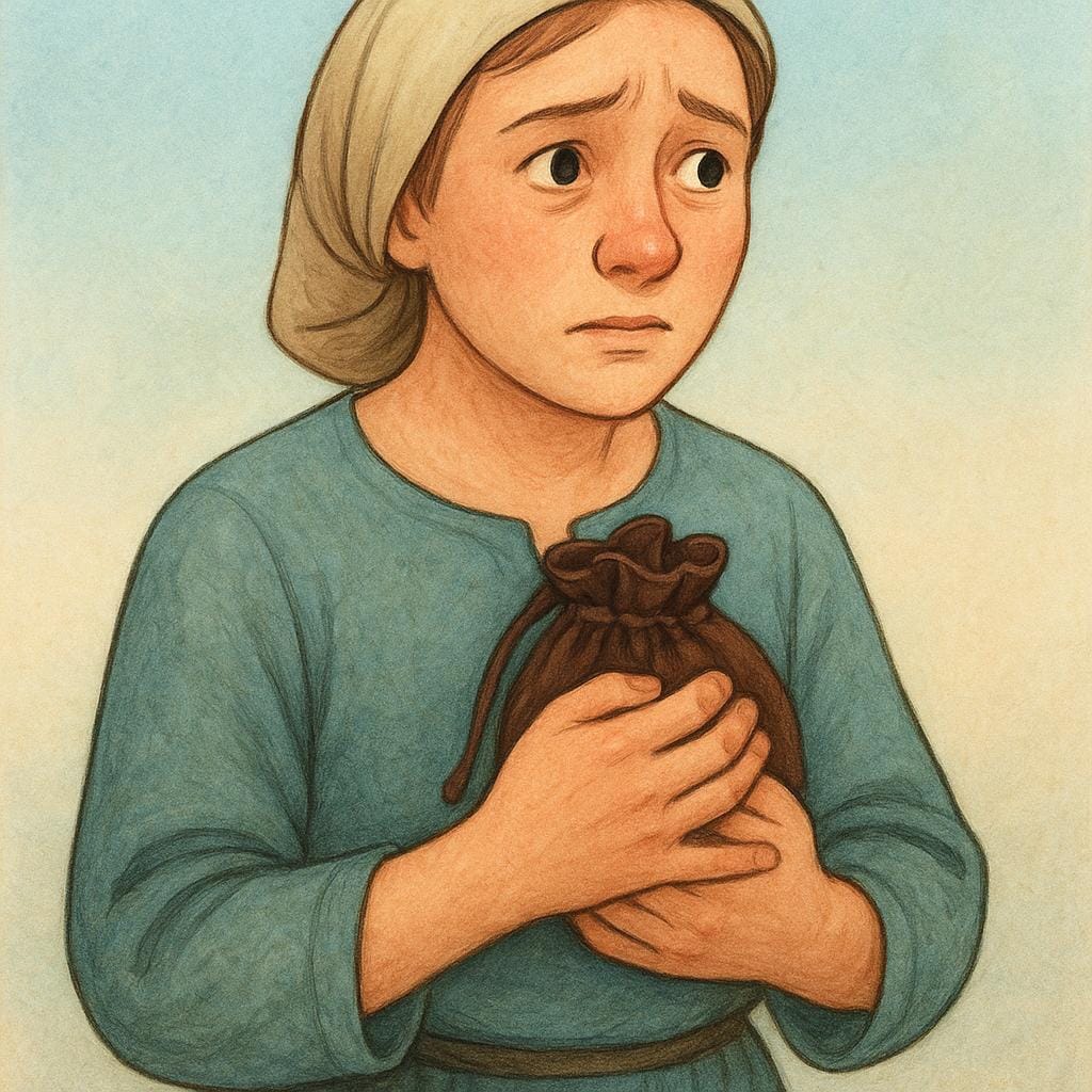 A cartoon illustration of a person with a worried expression, tightly clutching a small, worn leather coin pouch to their chest with both hands.