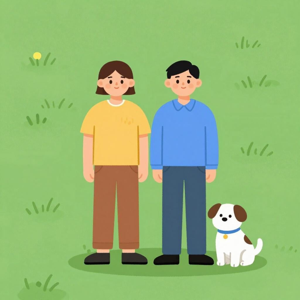 Two simplified figures, one human and one dog, standing side-by-side, representing physical forms.