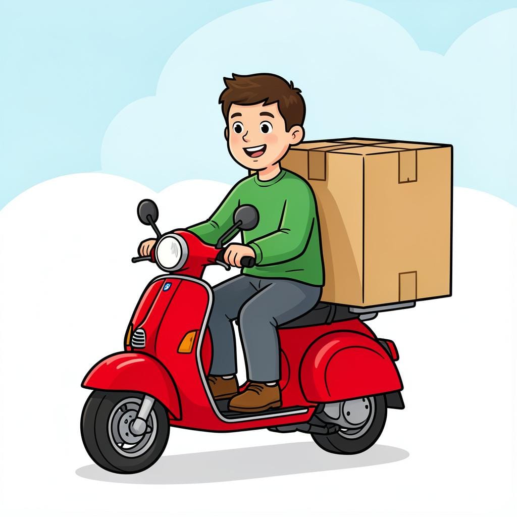 A delivery person on a small scooter with a large box on the back, driving down a street.
