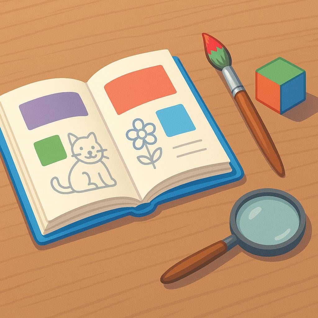 An open academic textbook resting on a desk, surrounded by objects symbolizing different fields of study, including a paintbrush, a simple geometric shape, and a magnifying glass.