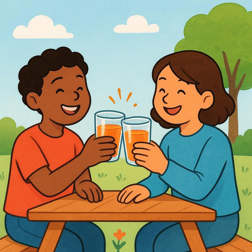 Two friends happily clinking clear glasses filled with orange juice while sitting at a small wooden table outside.