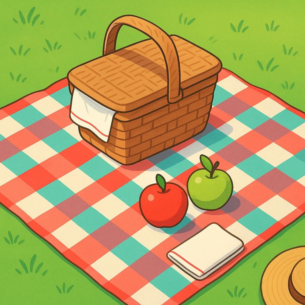 A brightly colored checkered picnic blanket is spread out on green grass with a partially open picnic basket and two red apples, representing a situation that was happening.