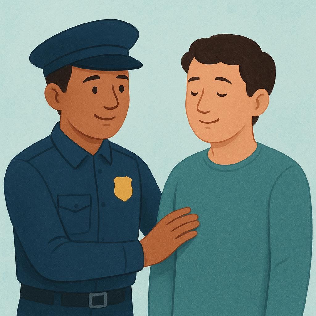 En färgglad bokillustration som visar en uniformerad polis bredvid en civilperson, vilket indikerar ett gripande eller frihetsberövande.