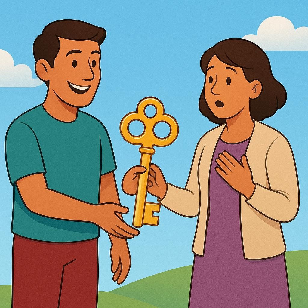 A colorful illustration of one adult character handing a large, important-looking golden key to another adult character, symbolizing the transfer of responsibility.