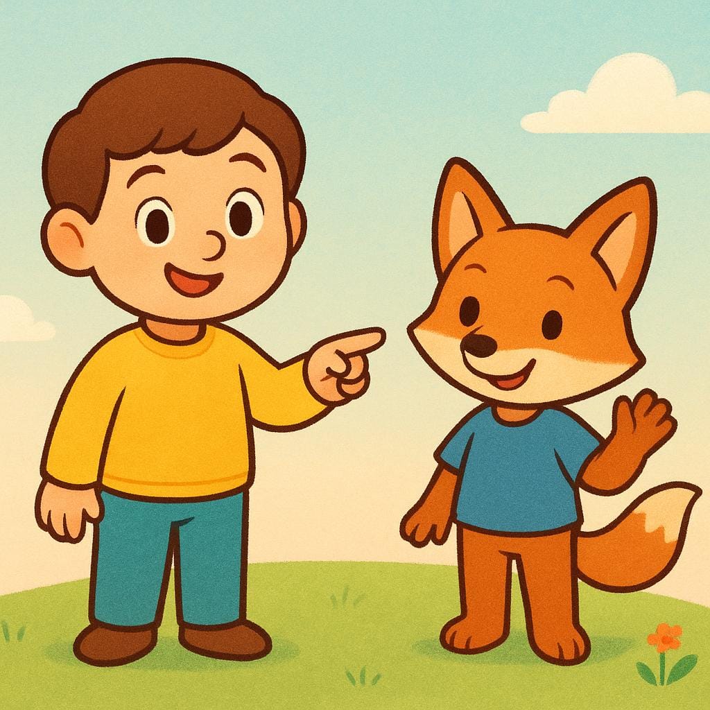 親しげな人物が二人目のユニークなキャラクターの隣に立っており、二人目のキャラクターを具体的に指差して、「あなたの友達」として紹介している。