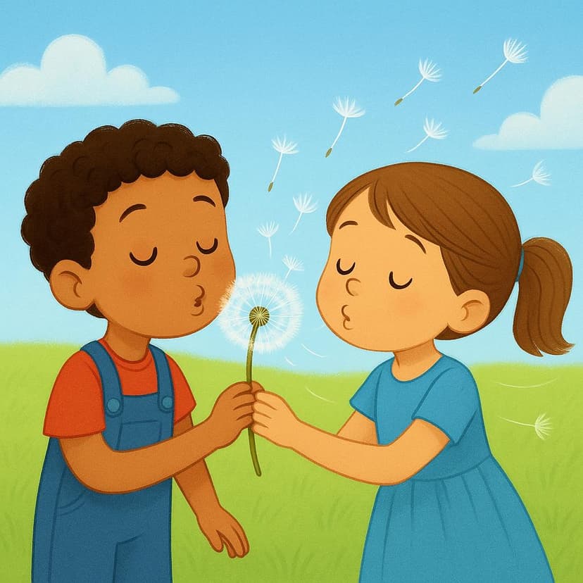 A high quality storybook illustration showing two smiling children standing in a lush green meadow at sunset, both simultaneously blowing the white seeds off a single dandelion head, symbolizing making a wish.