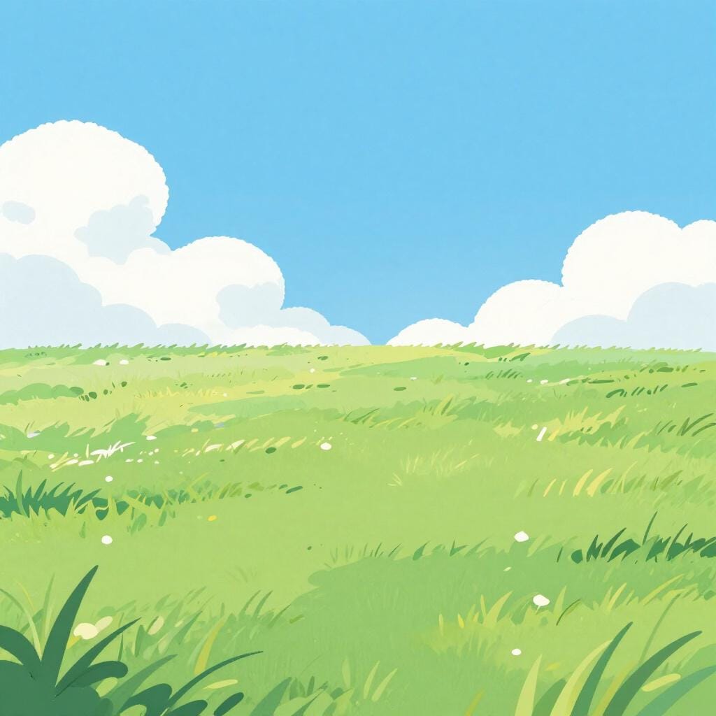 A vast, flat green grassy plain stretching to the horizon under a bright blue sky.