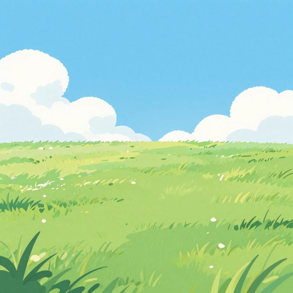A vast, flat green grassy plain stretching to the horizon under a bright blue sky.
