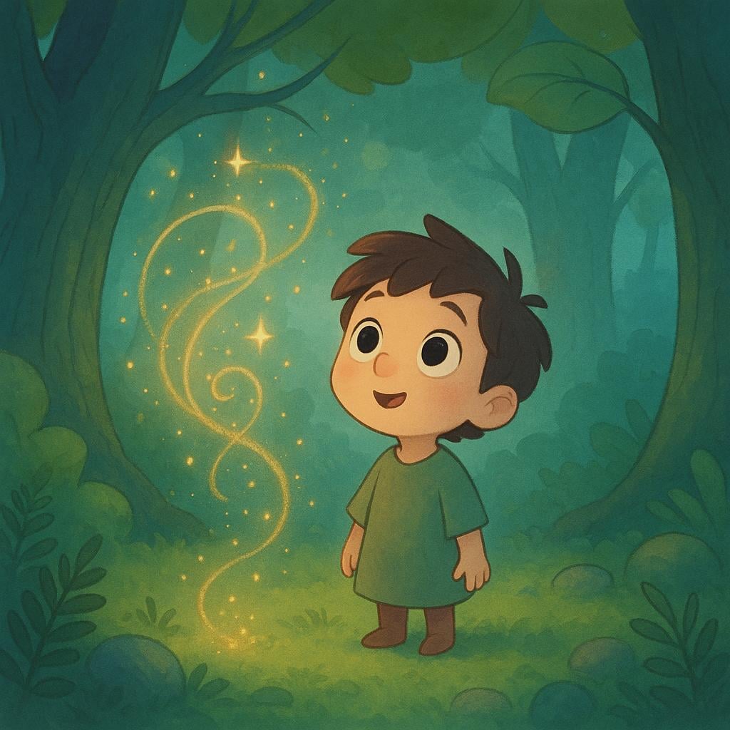 A figure standing in a whimsical forest clearing, looking mesmerized by swirling gentle golden magic sparkles surrounding them.