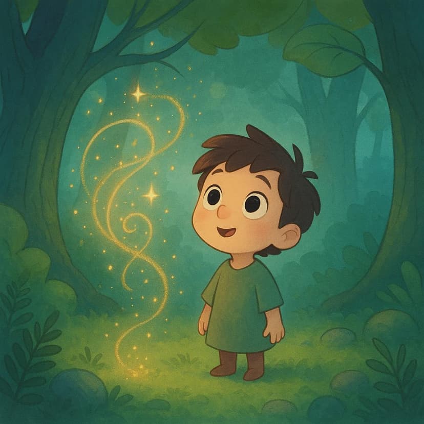 A figure standing in a whimsical forest clearing, looking mesmerized by swirling gentle golden magic sparkles surrounding them.