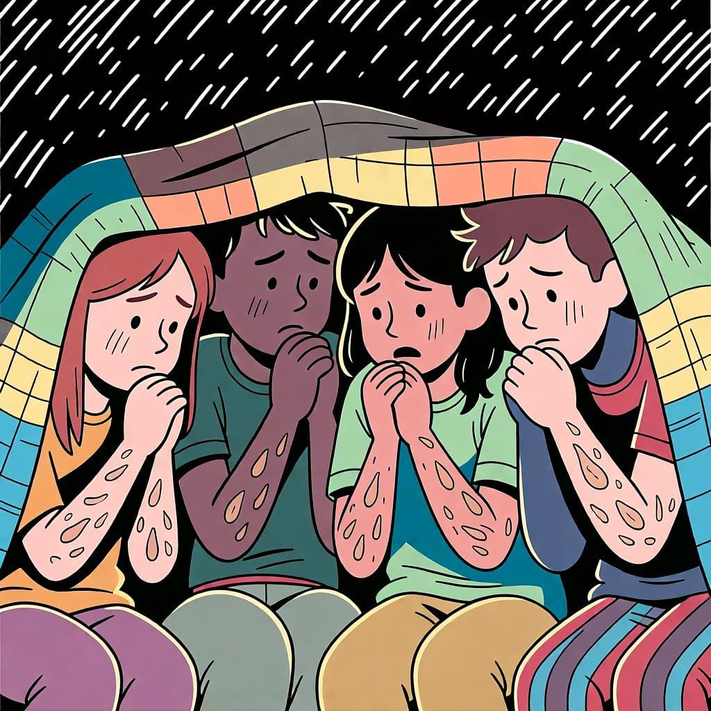 Um grupo de amigos tremendo juntos sob um único cobertor em um dia frio, ilustrando a expressão 'tenemos frío' (nós estamos com frio).