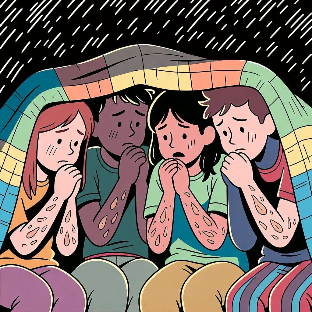 A group of friends shivering together under a single blanket on a cold day, illustrating the expression 'tenemos frío' (we are cold).