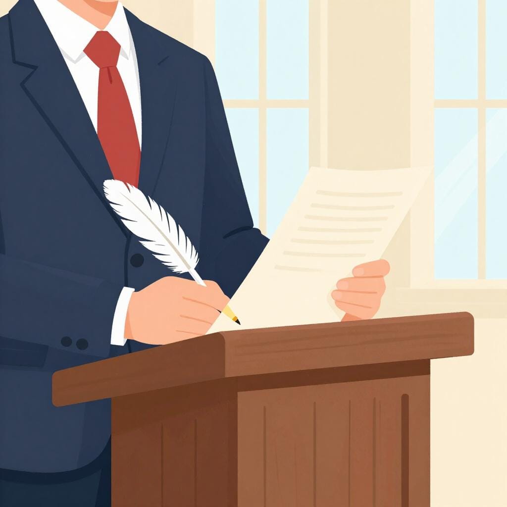 A person in a professional suit standing at a wooden podium, holding a quill pen and a thick document.