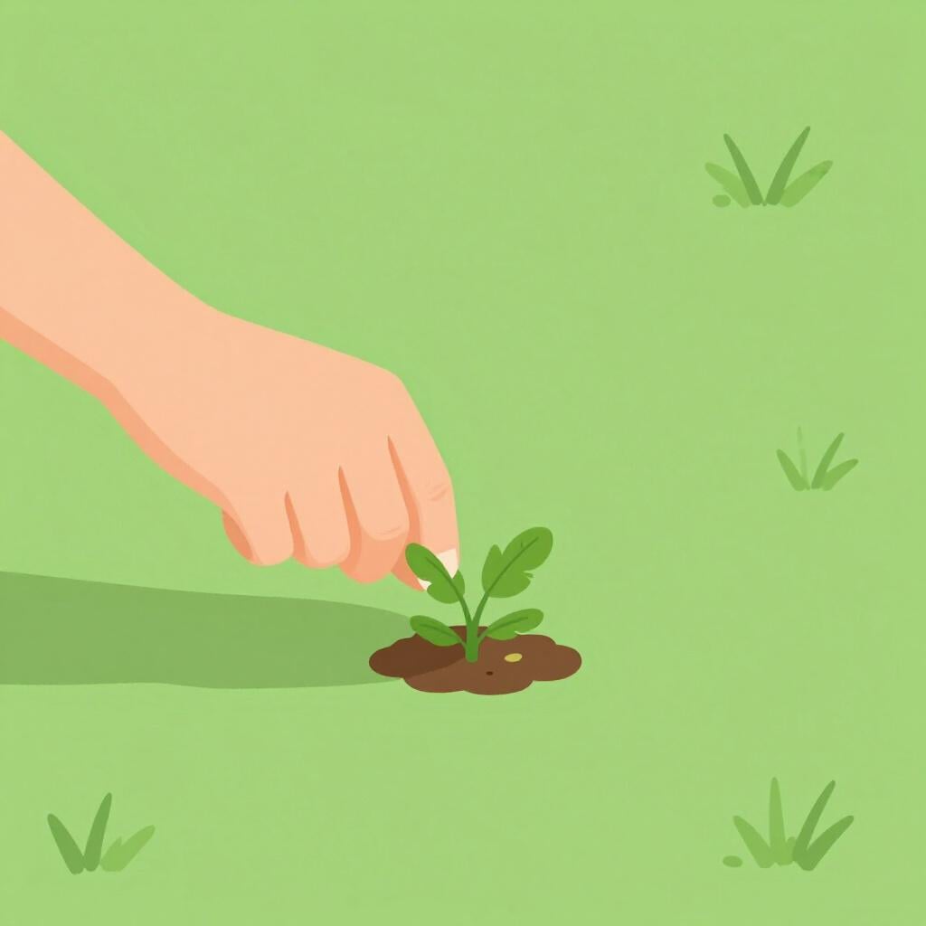 Une main arrachant une seule mauvaise herbe d'une pelouse parfaitement verte.